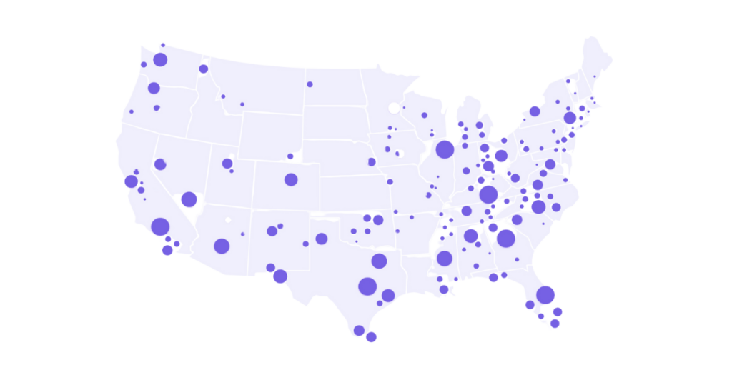 Map of 650+ school districts that rely on ManageXR to enable VR deployment of all sizes.