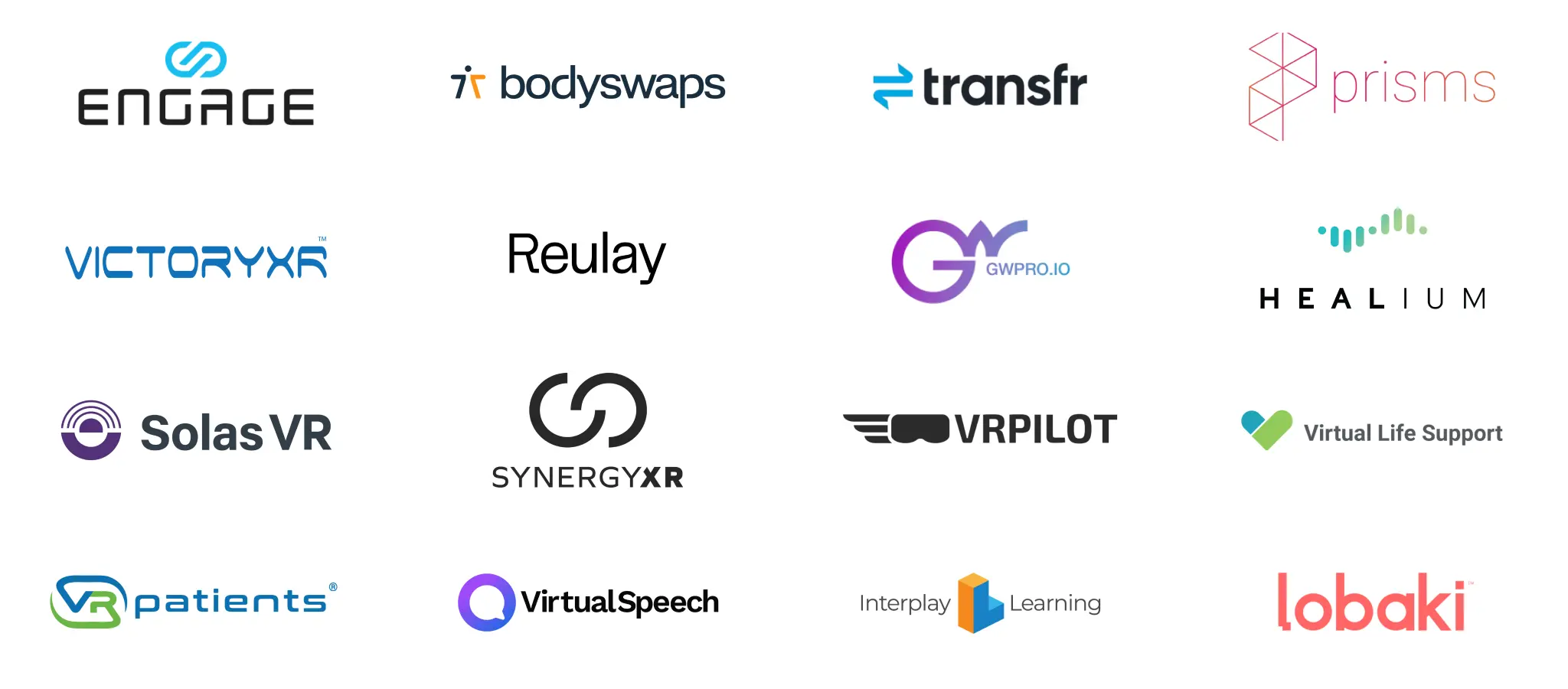 Collage of partner logos including engage, bodyswaps, glue, prisms, victoryxr, reulay, sketchbox, healium, solasvr, synergy xr, vrpilot, and arthur