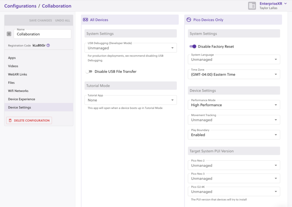 Select custom device settings for each Configuration.